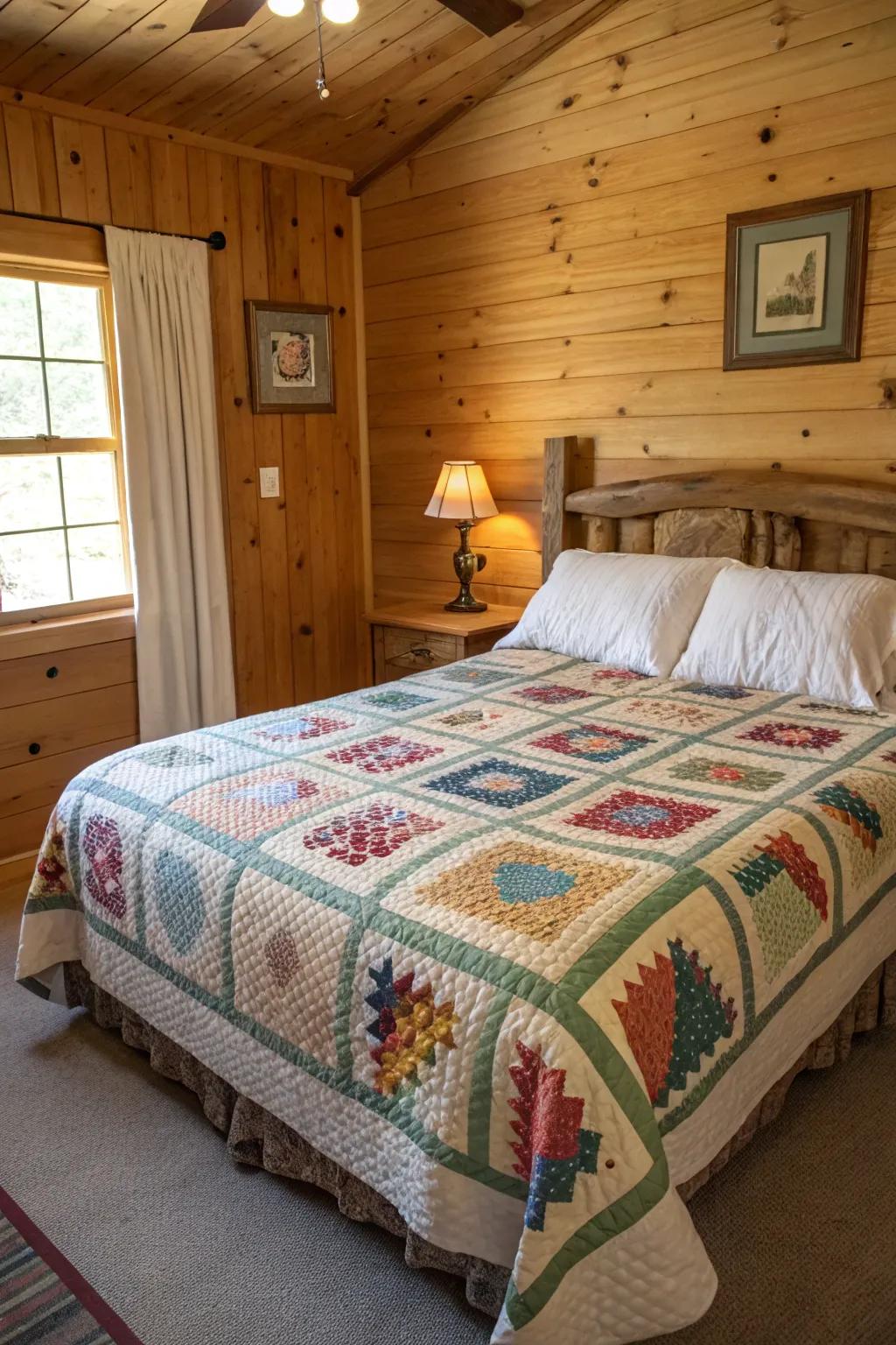 A cabin bedroom showcasing a handmade quilt adorning the bed.