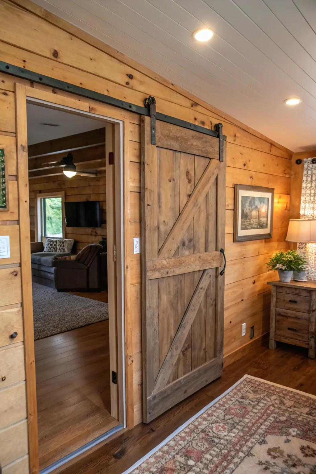 A country-style barn door brings functionality and charm.