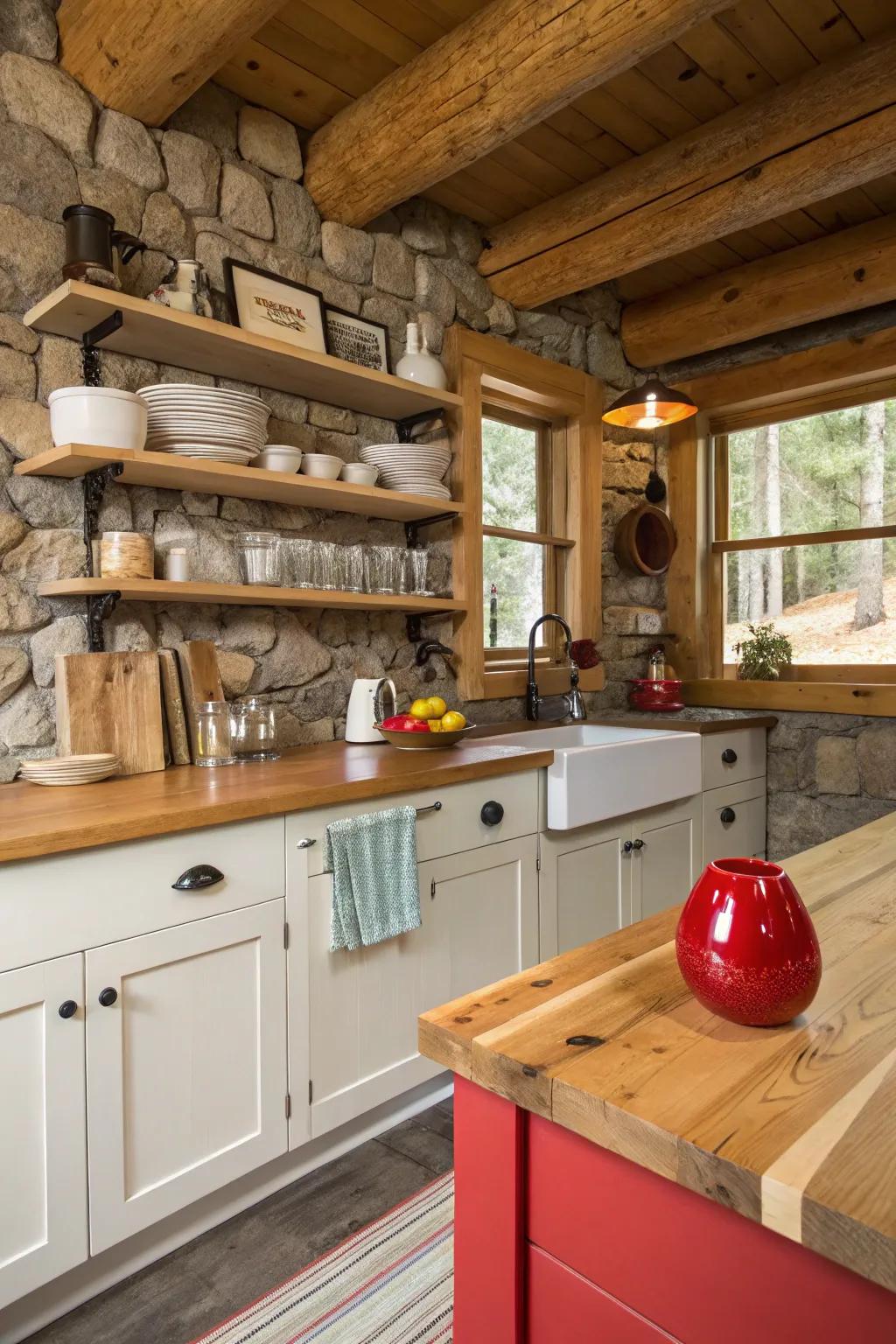 Unexpected bright colors can invigorate a cabin kitchen.