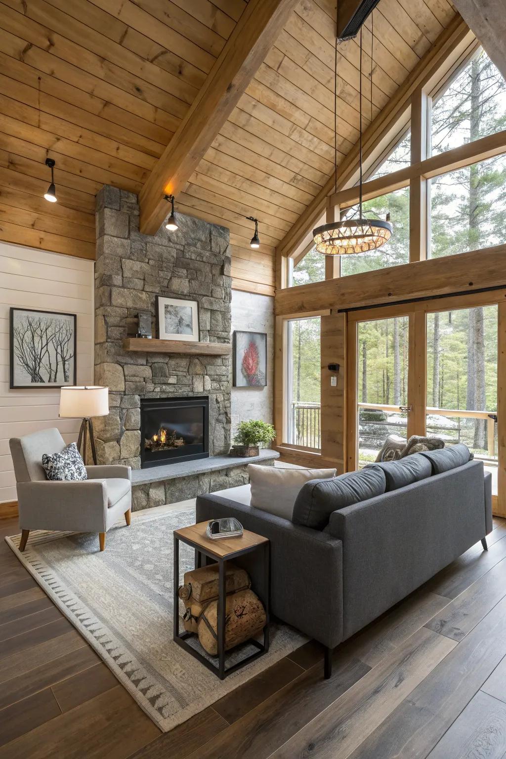 A fusion of modern and earthy aspects establishes a harmonious cabin area.