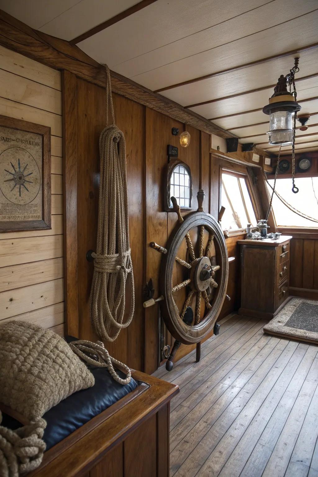 Nautical aspects including a seaside style to the cabin decor.