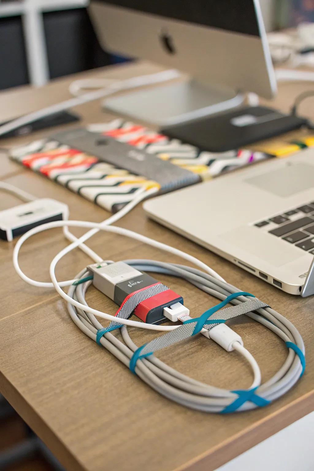 Adhesive fabric tape offering a quick cable organization fix.