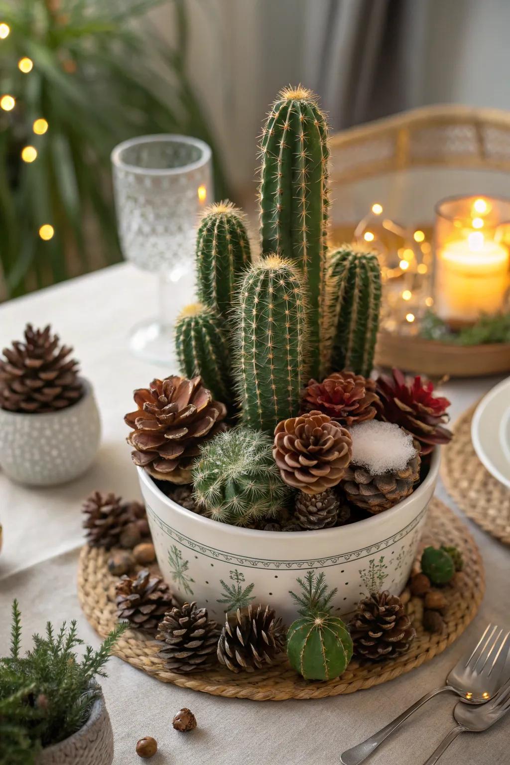 Cacti paired with seasonal accents bring festive flair to the table.