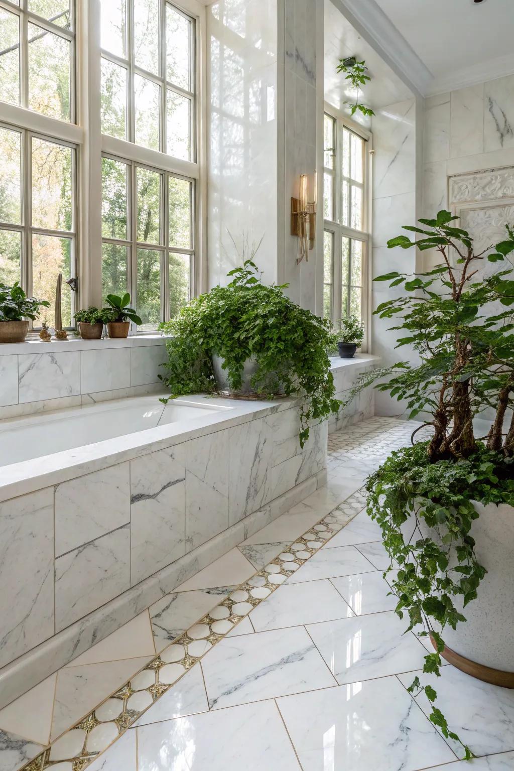 A refreshing bathroom with Ivory Coast marble tiles and lush plant features.