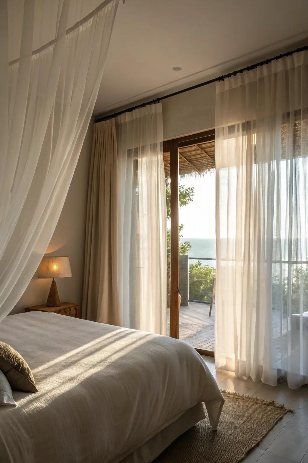 Bedroom with sheer curtains softly filtering in natural light.