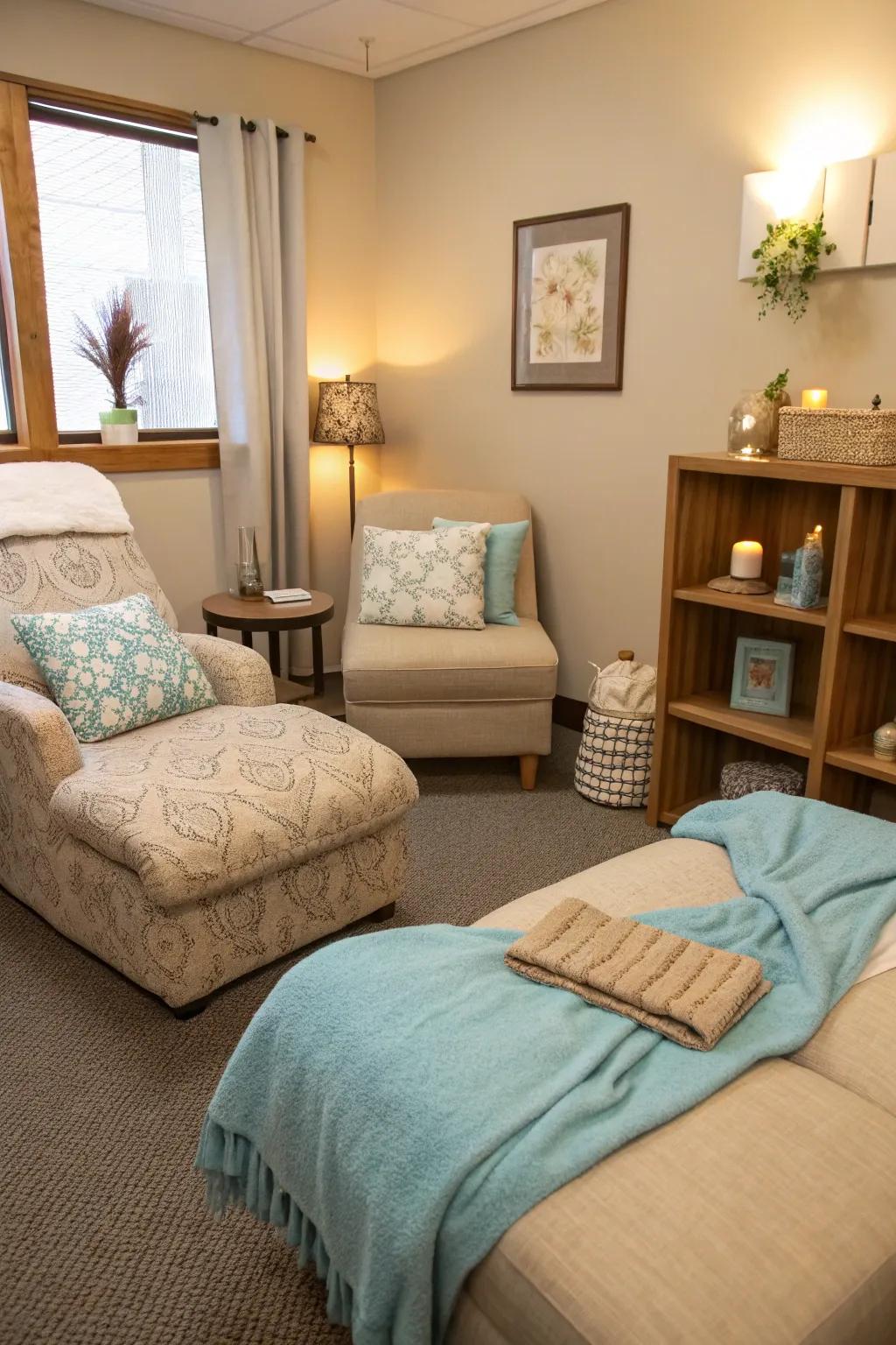 Soft fabrics encourage comfort and coziness.