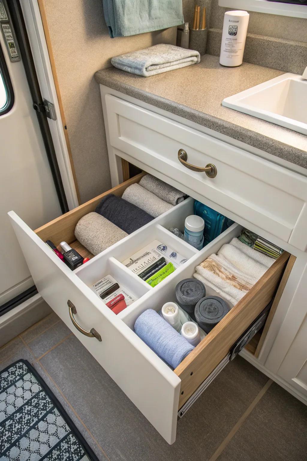 Drawer separators keeping storage neat and in order in a camper bathroom.