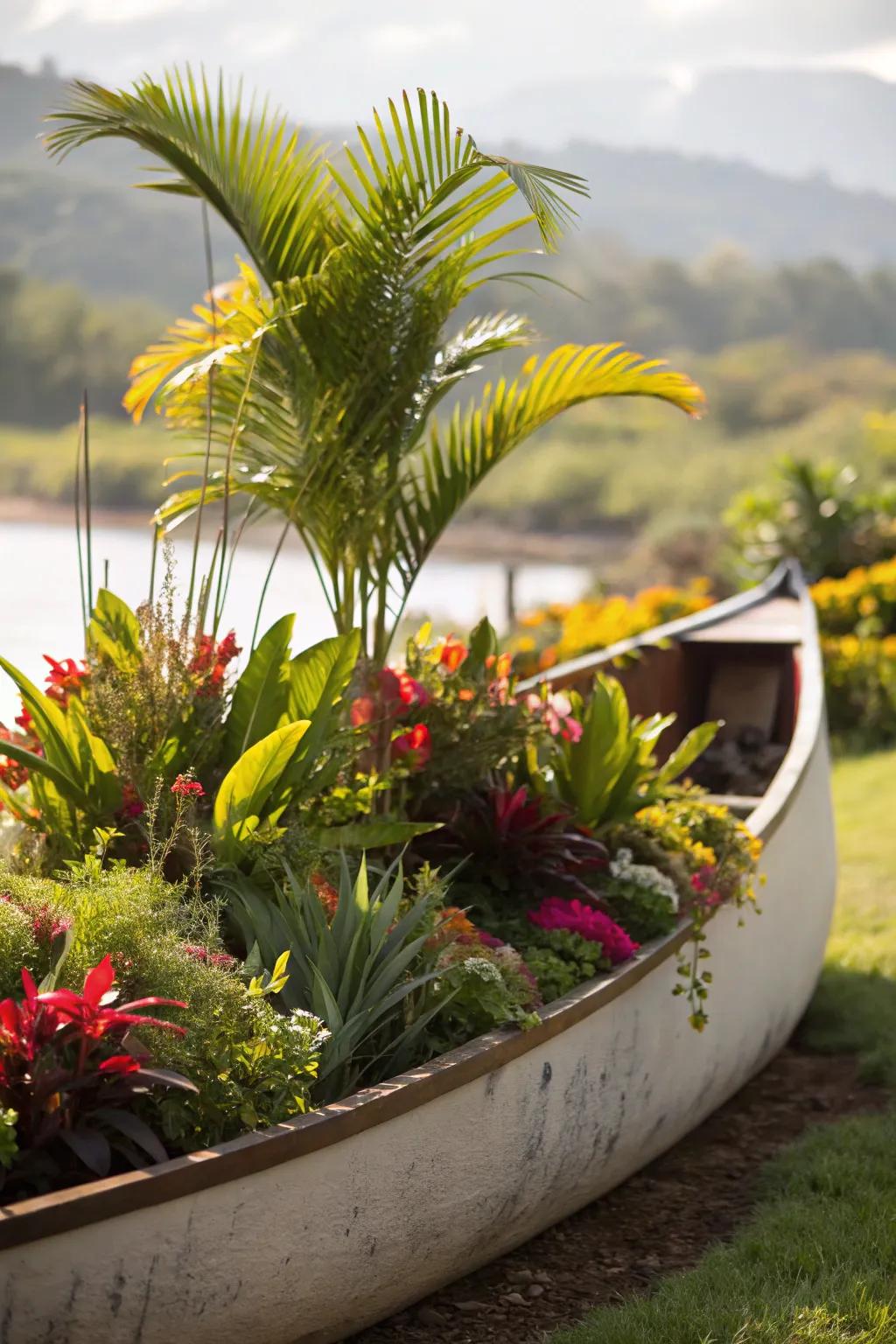 A tropical-themed canoe planter adds an exotic touch to your yard.