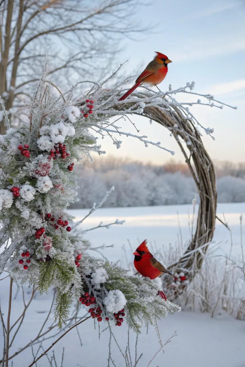 An elegant frosted wreath with cardinals for a sophisticated touch.