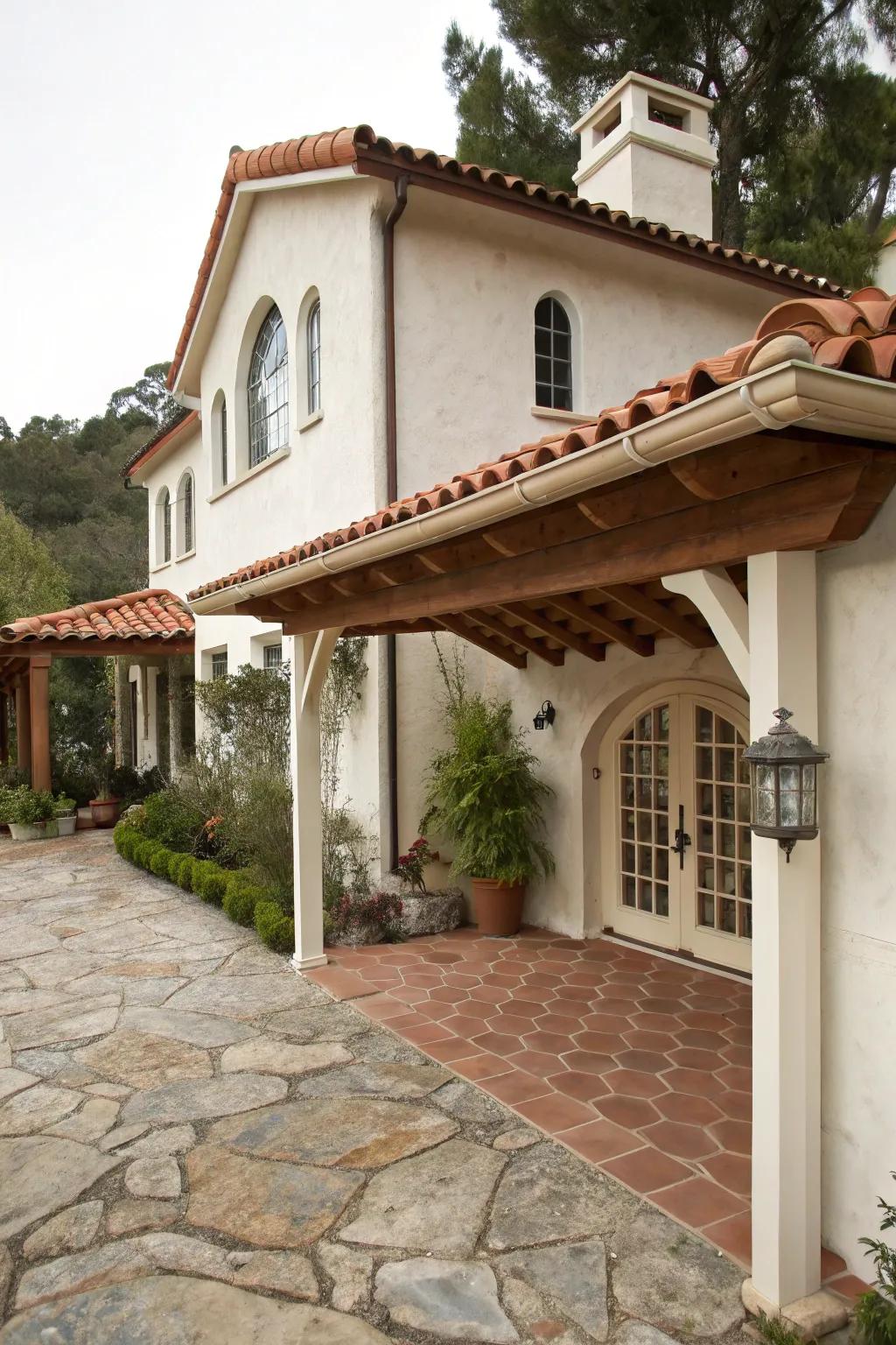 Mediterranean charm with terracotta and stucco.