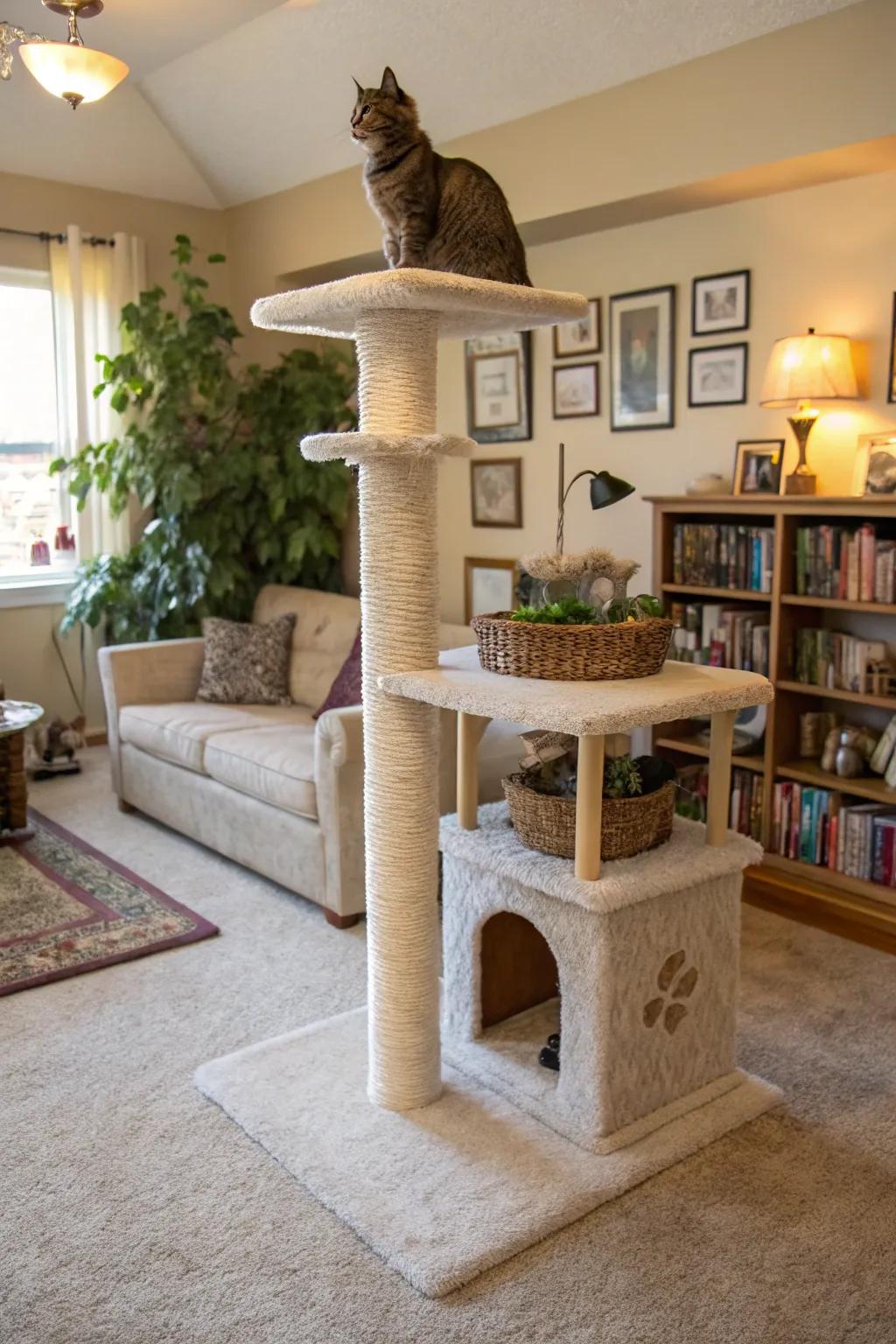 A fabric-covered tree offers a soft, comfortable surface for your cats.