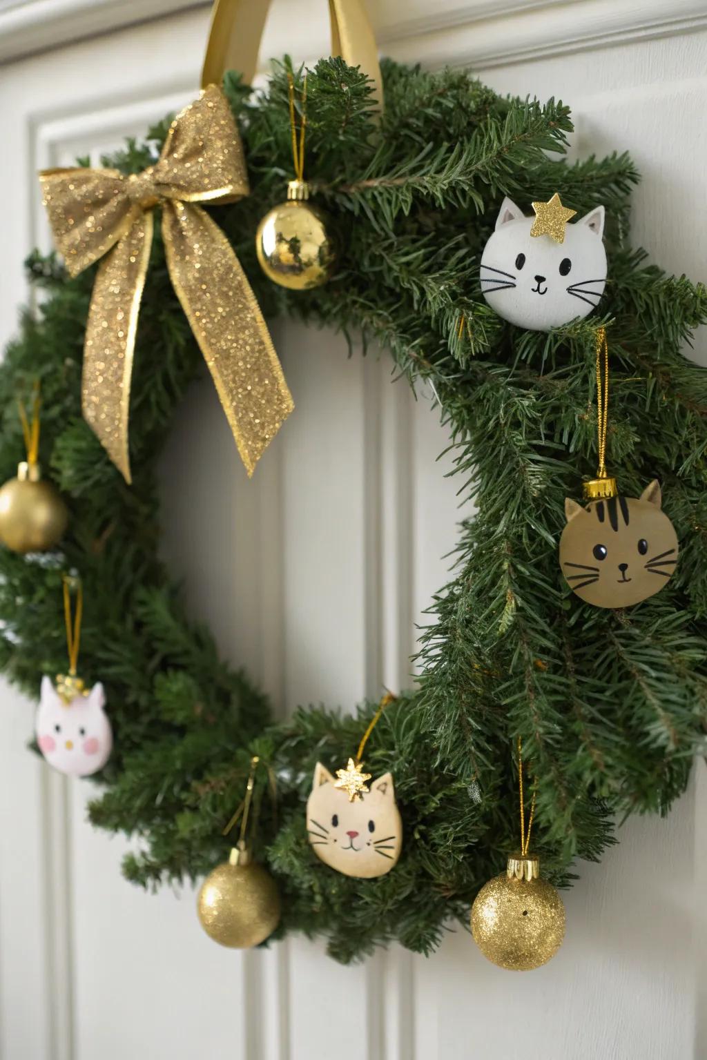 A bold and gold kitty wreath for a touch of luxury.