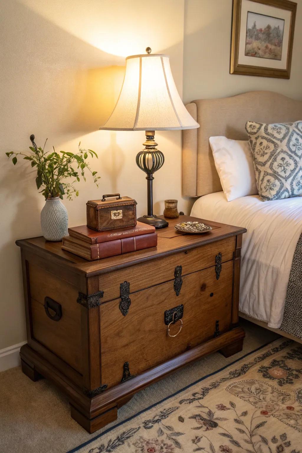 An antique storage chest provides a charming alternative to a traditional bedside stand.