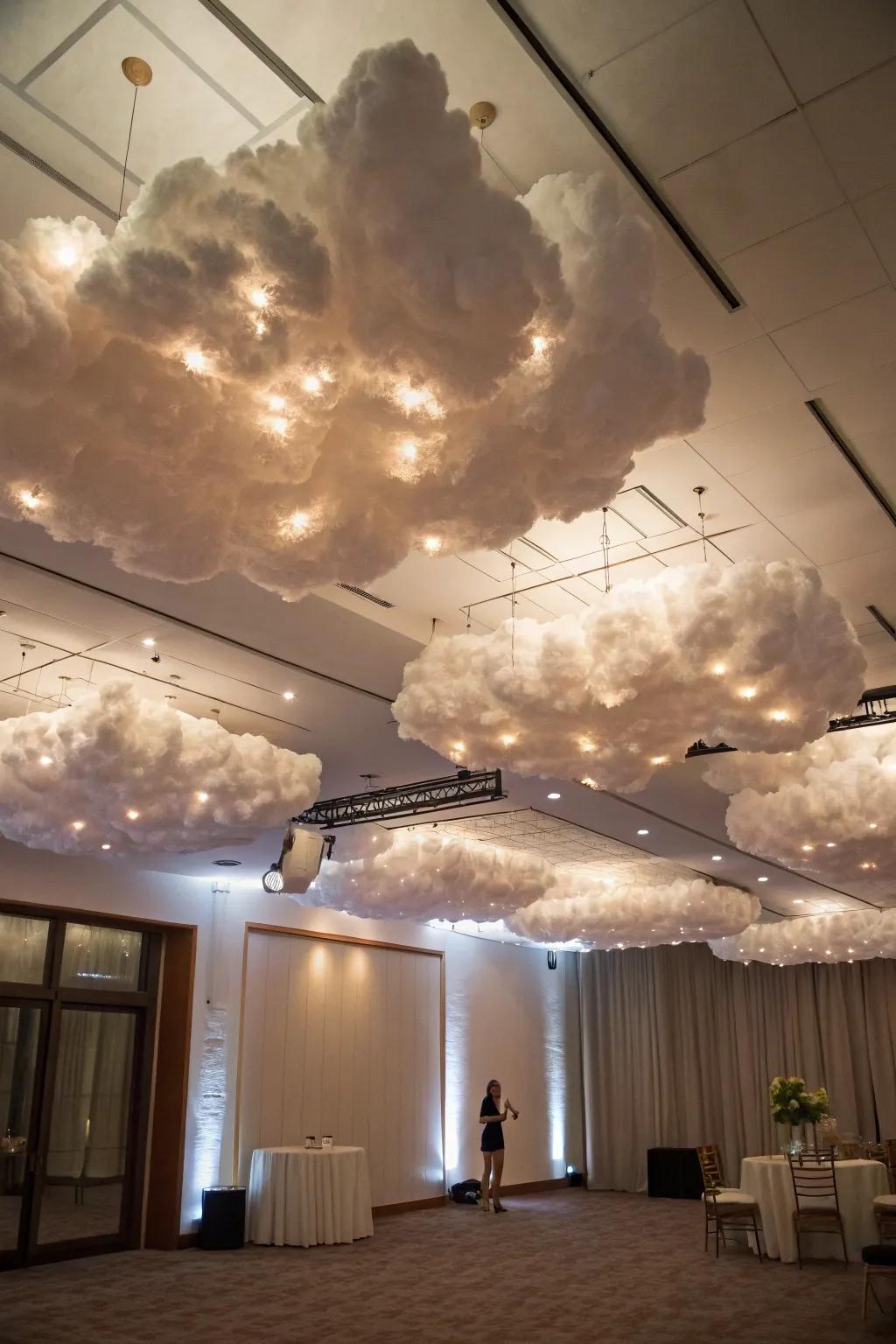 A room with a soft ceiling cloud that adds a dreamy atmosphere.