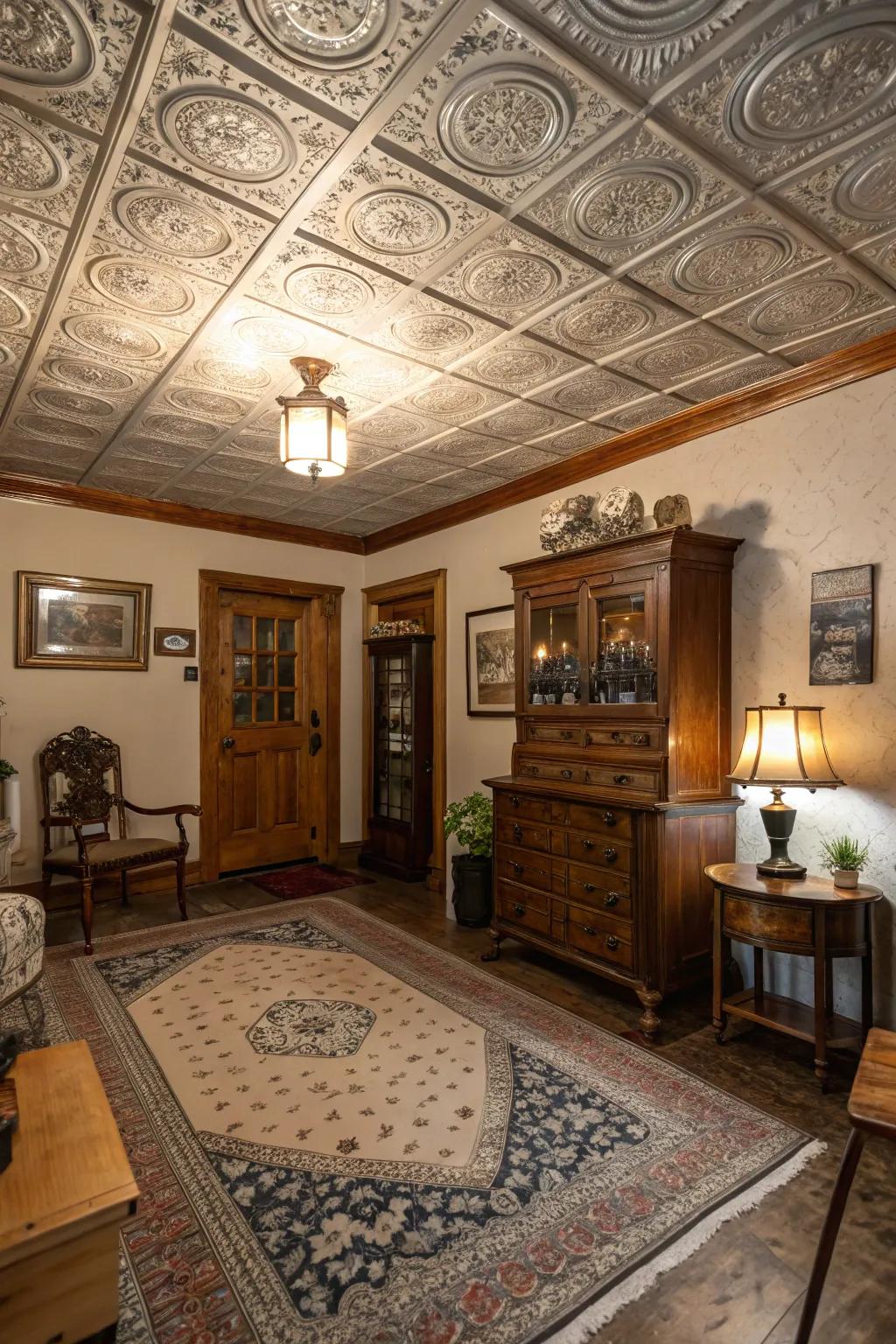 Add vintage glamour using metal decor ceilings.