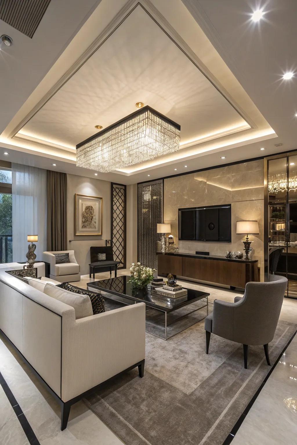 Glossy ceilings deliver a reflective, spacious ambiance.