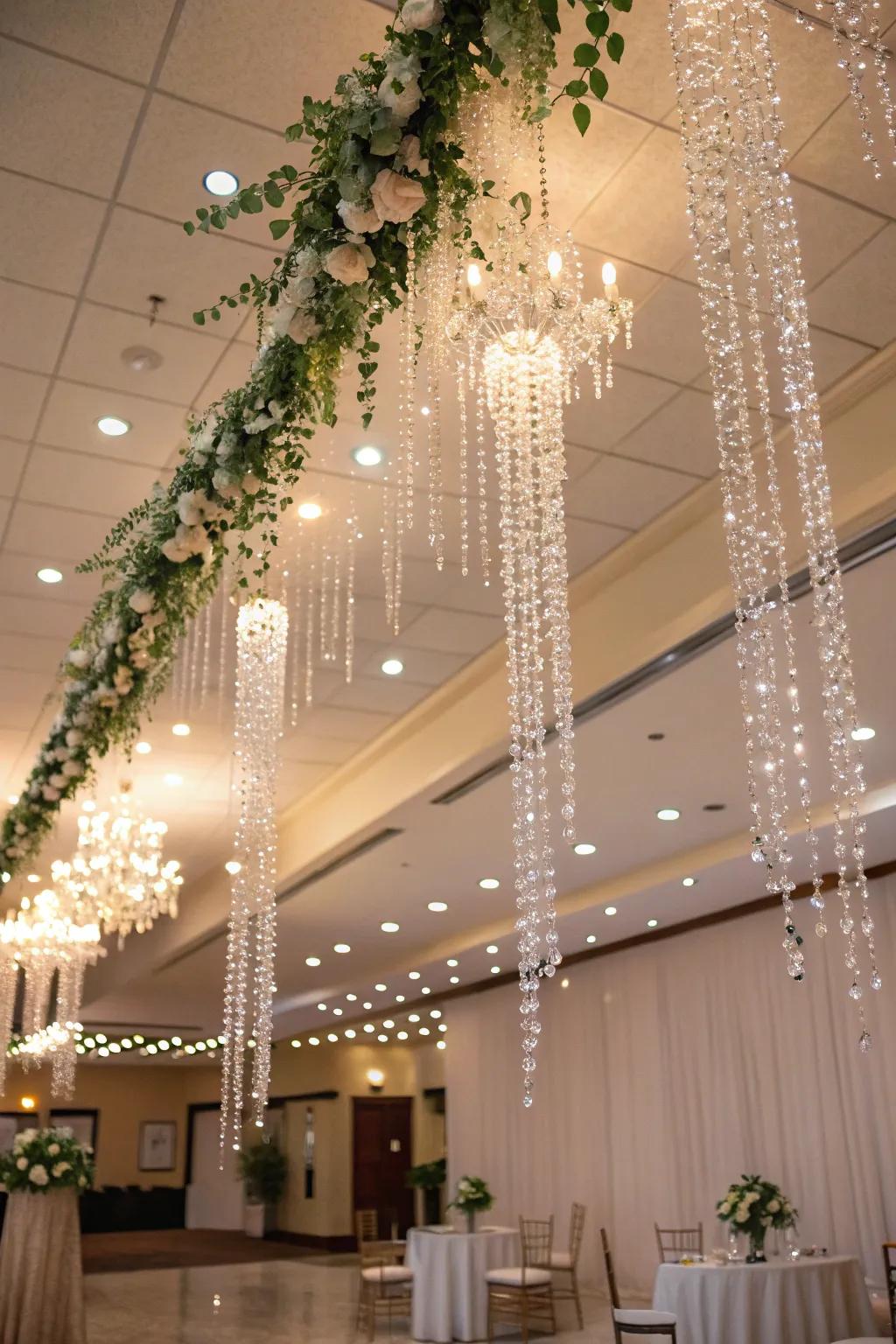 Crystal garlands add sparkling elegance.