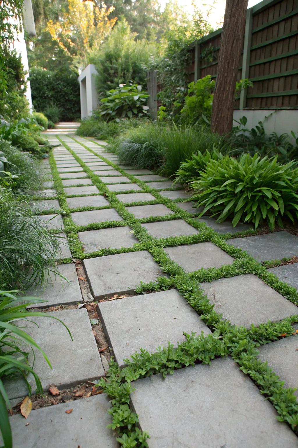 A lively stone path featuring ground cover plants for a natural vibe.