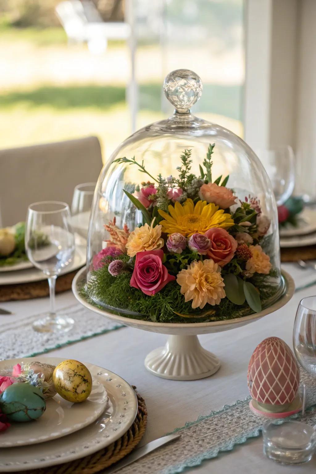 Dramatic elegance with a transparent dome centerpiece base.
