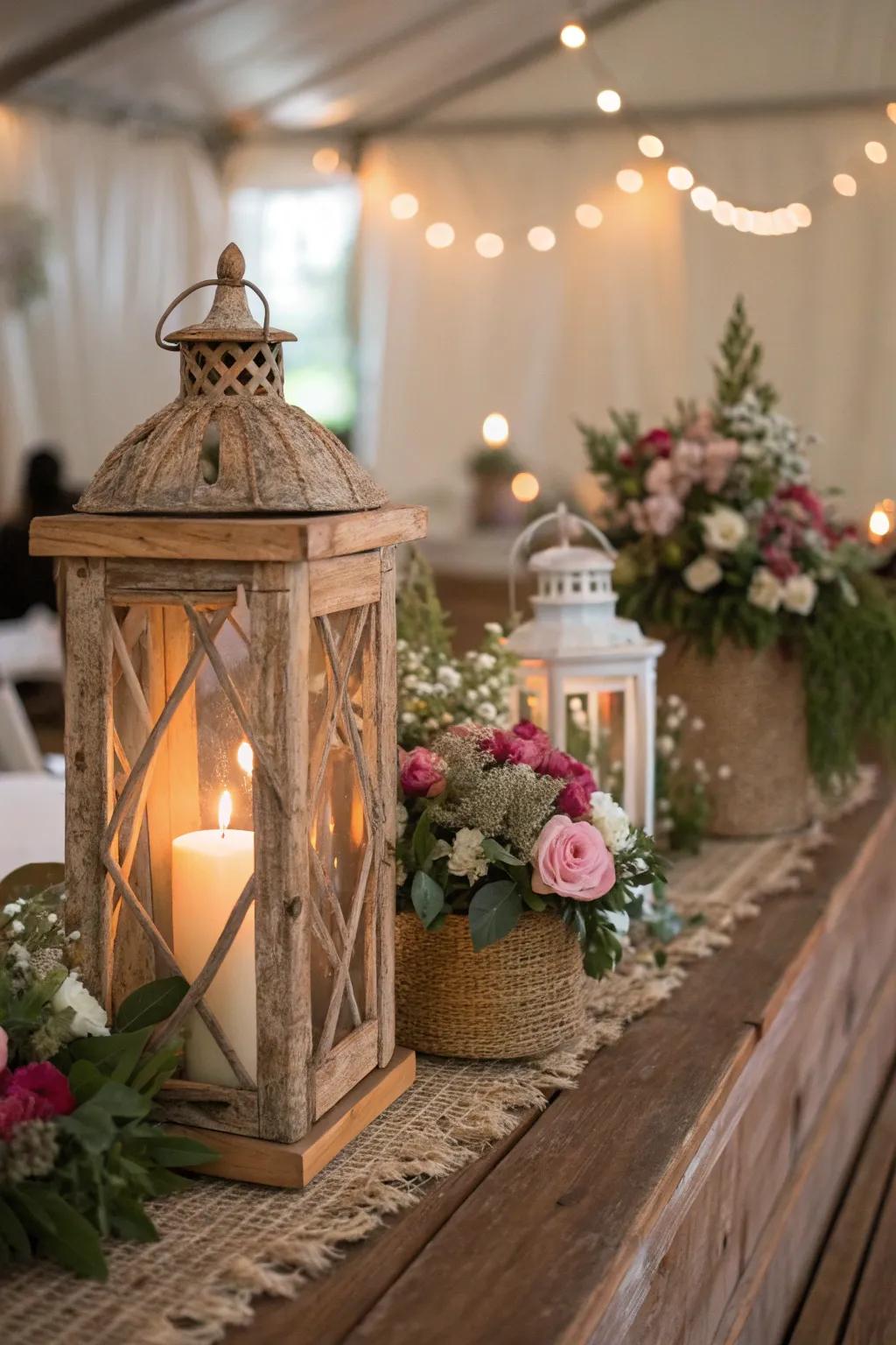 Rustic hand lanterns fashioning a snug ambiance.