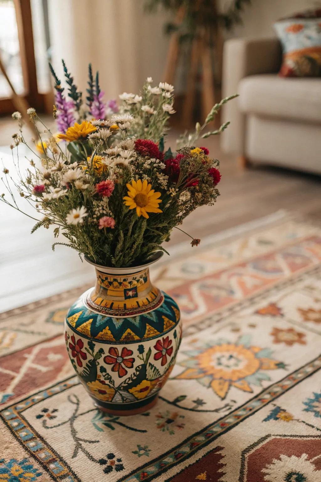 A boho-inspired ceramic vase adds a touch of whimsy to the decor.