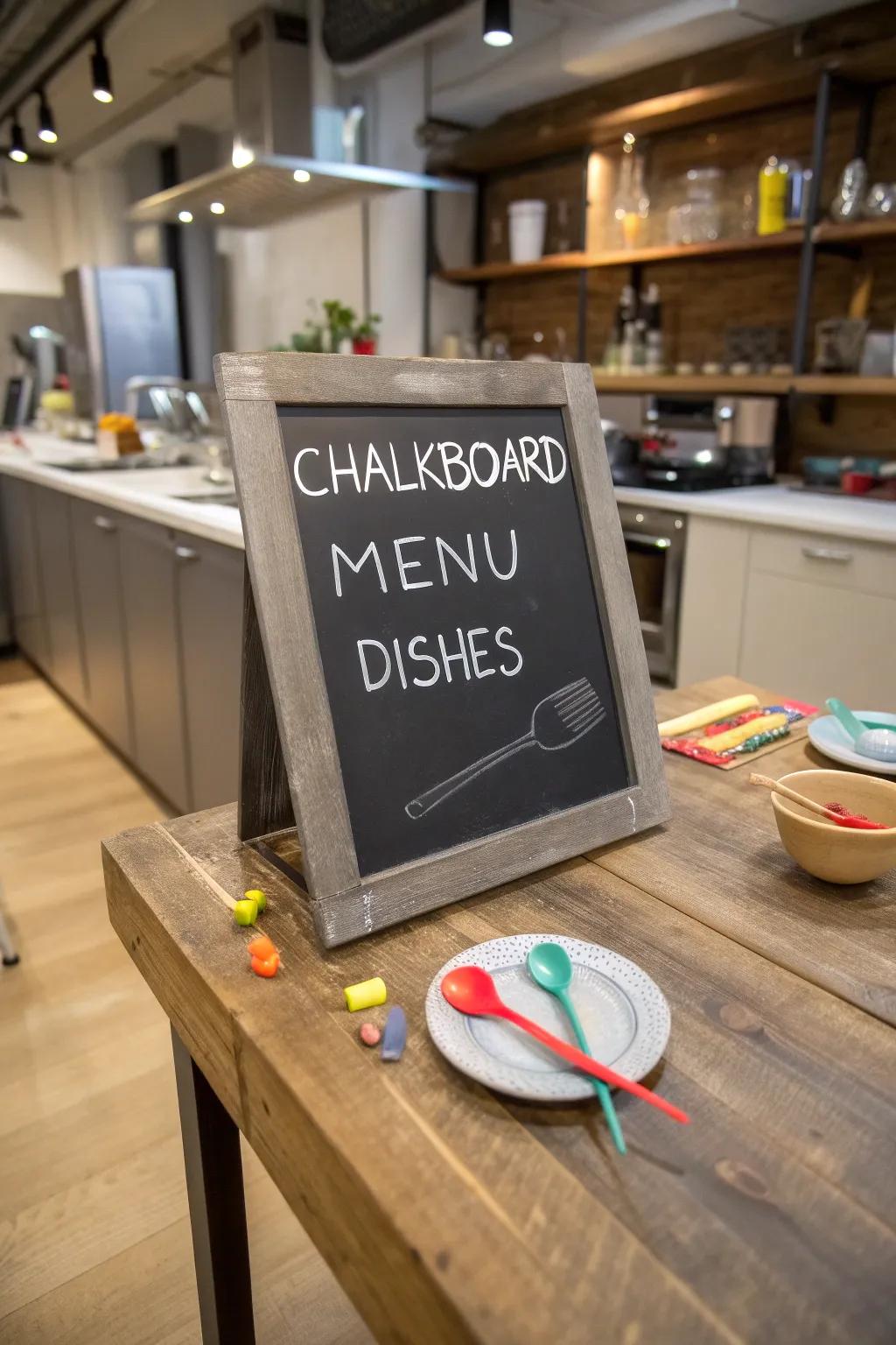 Raised features like mini utensils add a playful touch to this kitchen's chalkboard menu.