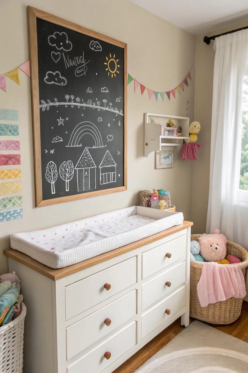 A writing board adds a whimsical and interactive element.