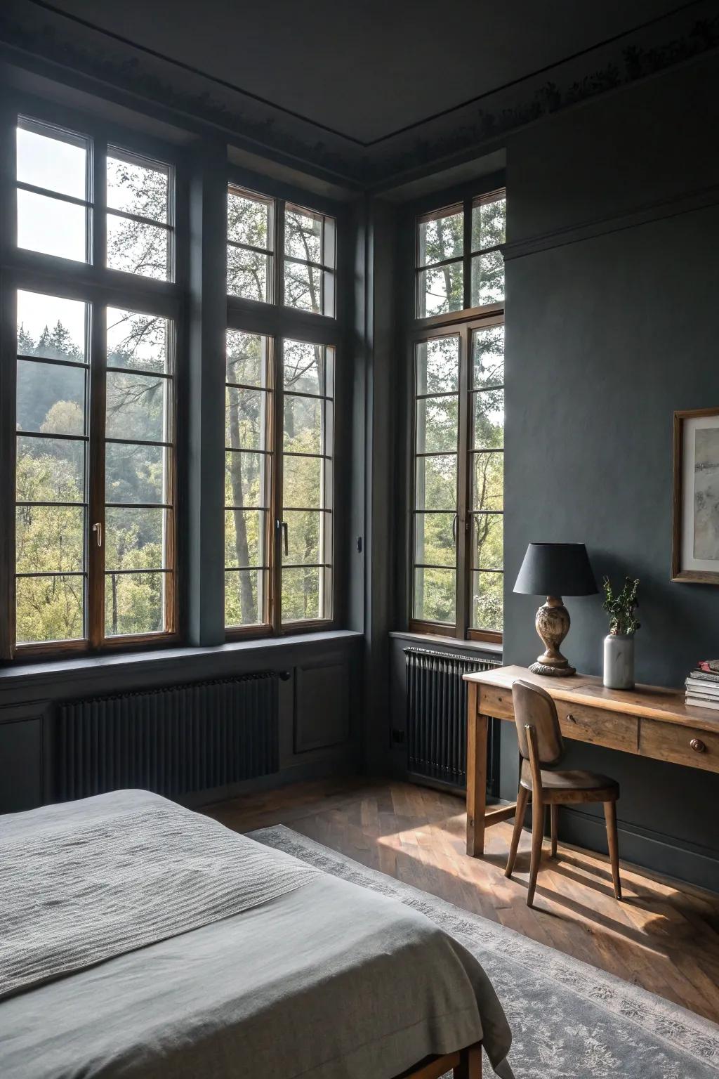 Sunlight brightens a room that features deep shadow painted walls.
