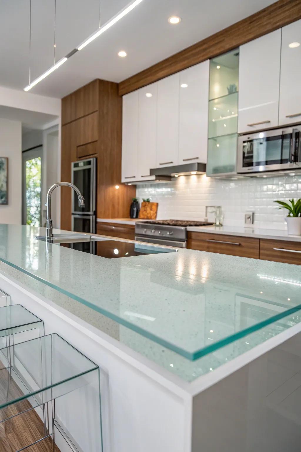 Sophisticated kitchen with contemporary vitrine surfaces.