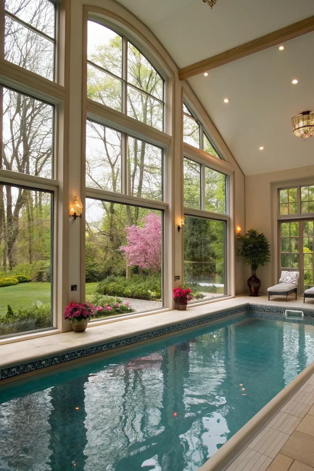 The indoor pool experience is improved by having a view of nature.