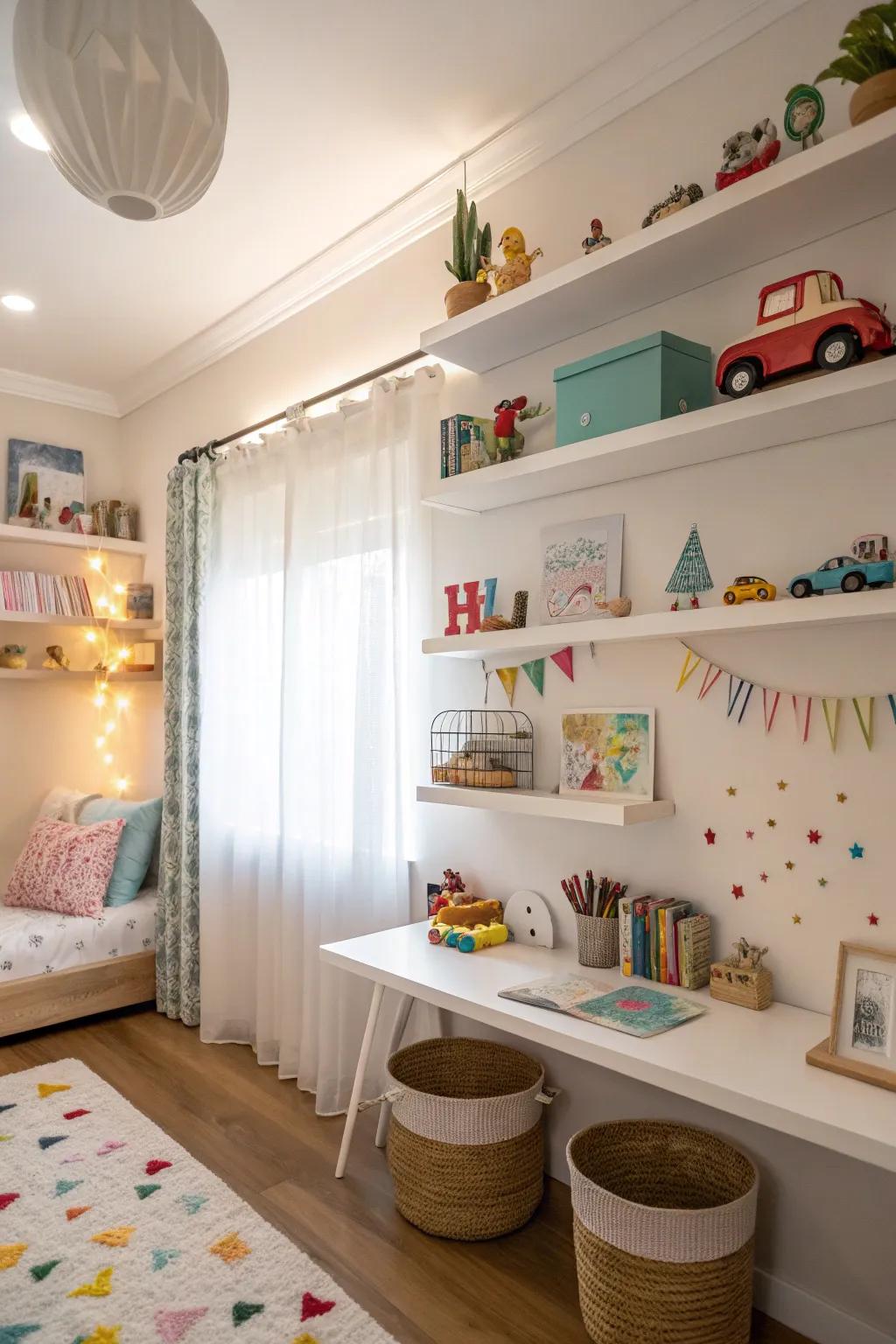 Floating shelves maximize wall area for stowing.