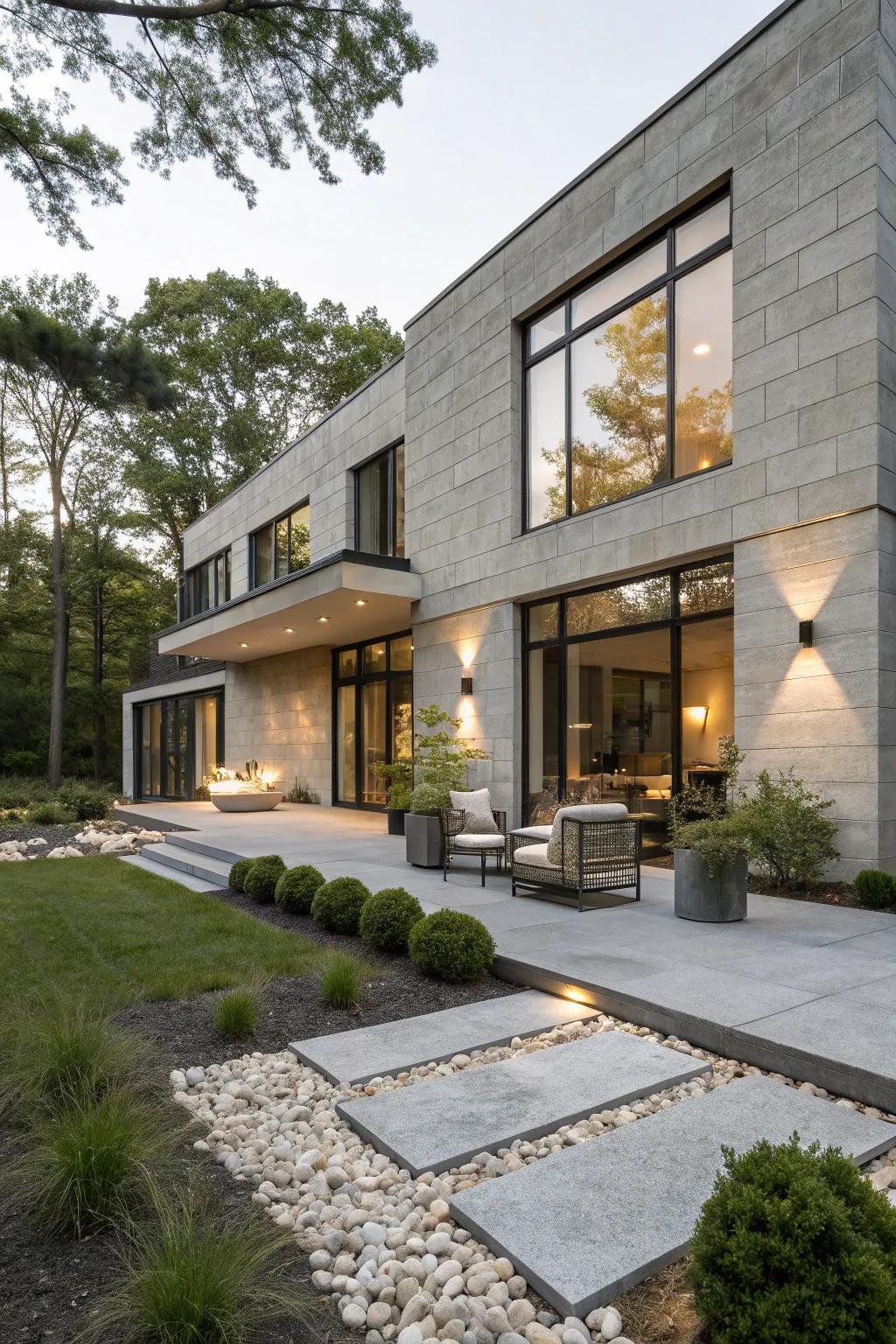 Concrete block siding creates a bold, industrial facade.