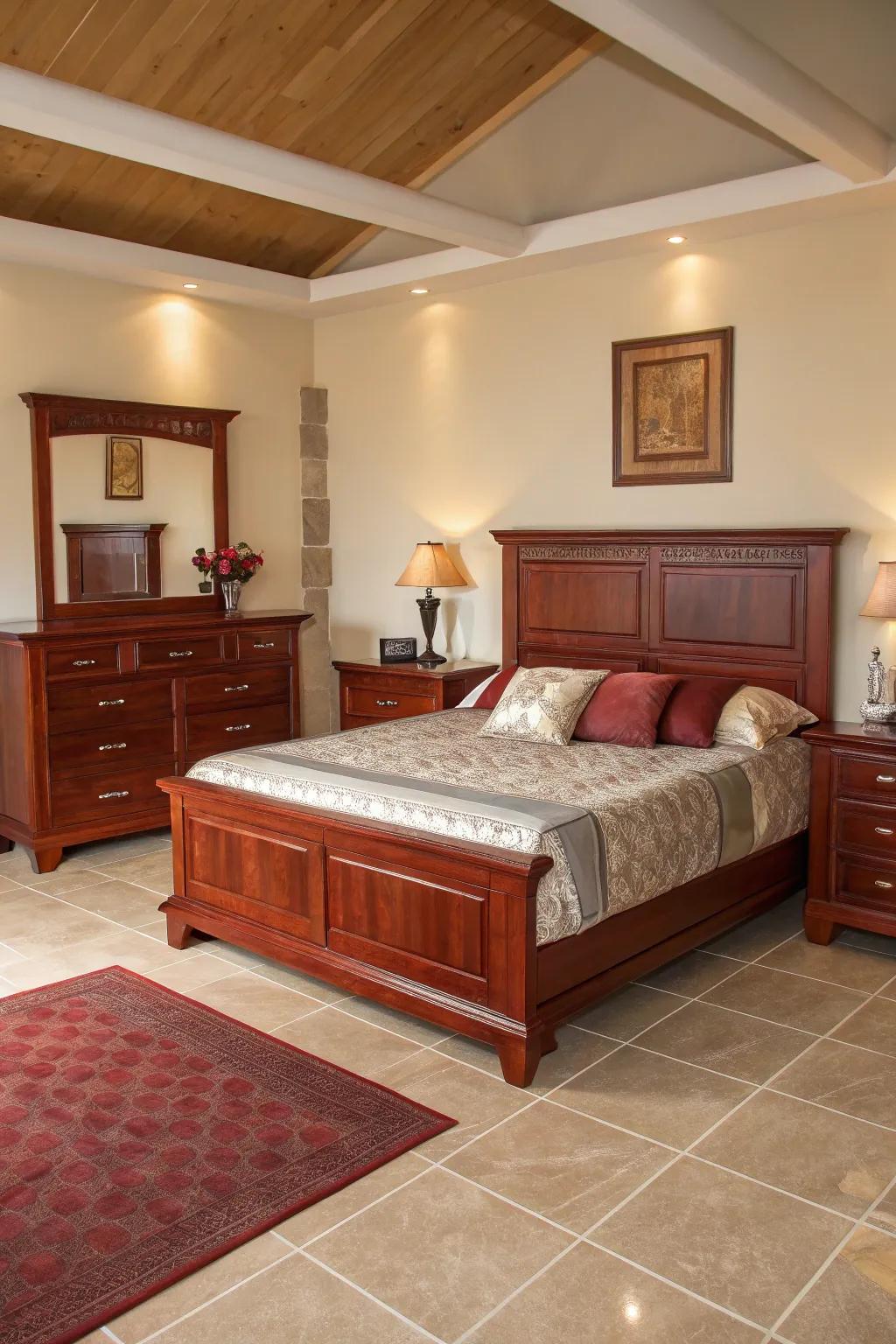 Symmetrical arrangements creating balance in a maple hardwood bedroom.