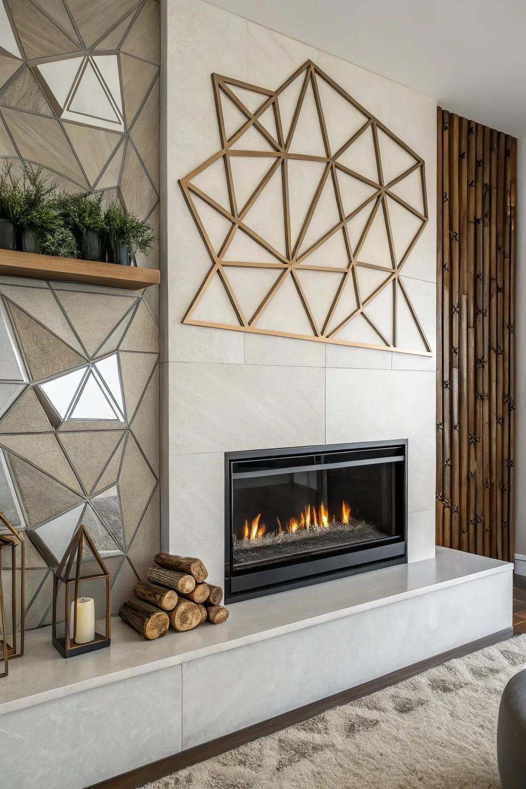 Geometric shapes situated around the fireplace add a refreshing and modern touch.