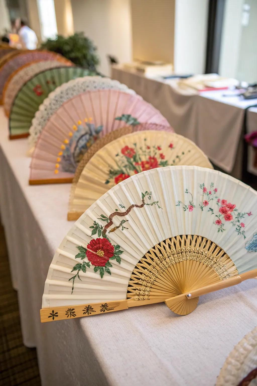 Sophisticated Chinese hand fans that function as charming nuptial mementos.