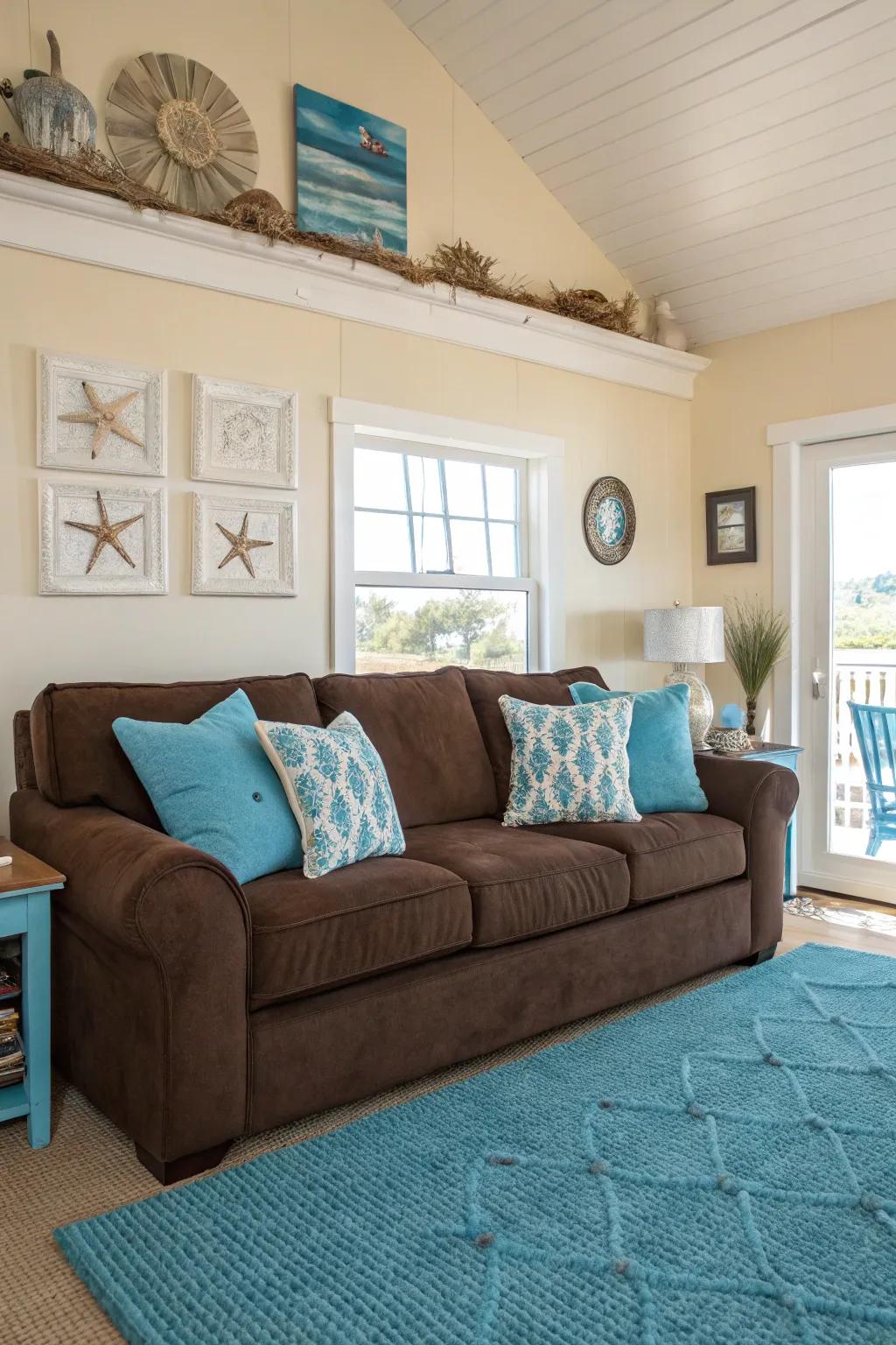 Shoreline comfort is achieved with deep hues that complement a cocoa sofa.