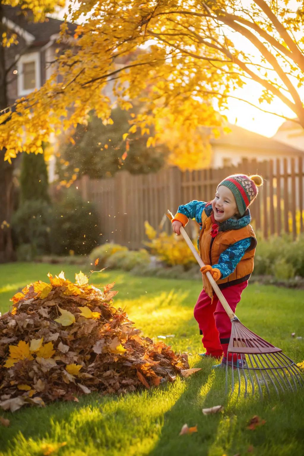 A child rakes leaves, mixing work and play.