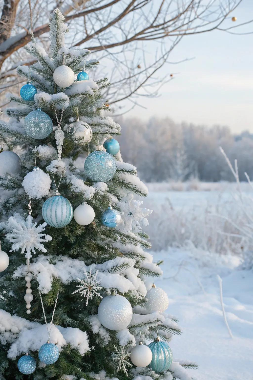 A winter wonderland Christmas sphere tree featuring enchanting snowy decorations.