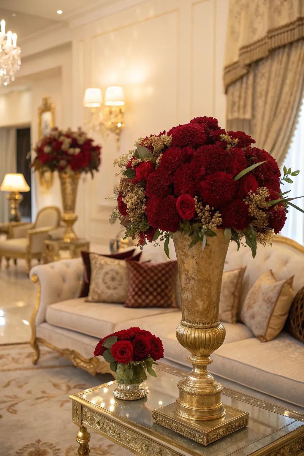 Gold touches add a touch of luxury to festive arrangements.