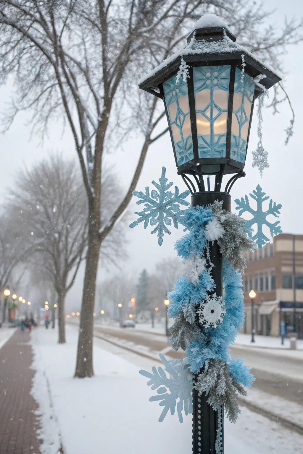 Designed decorations convert a lamp post into a festive center point.