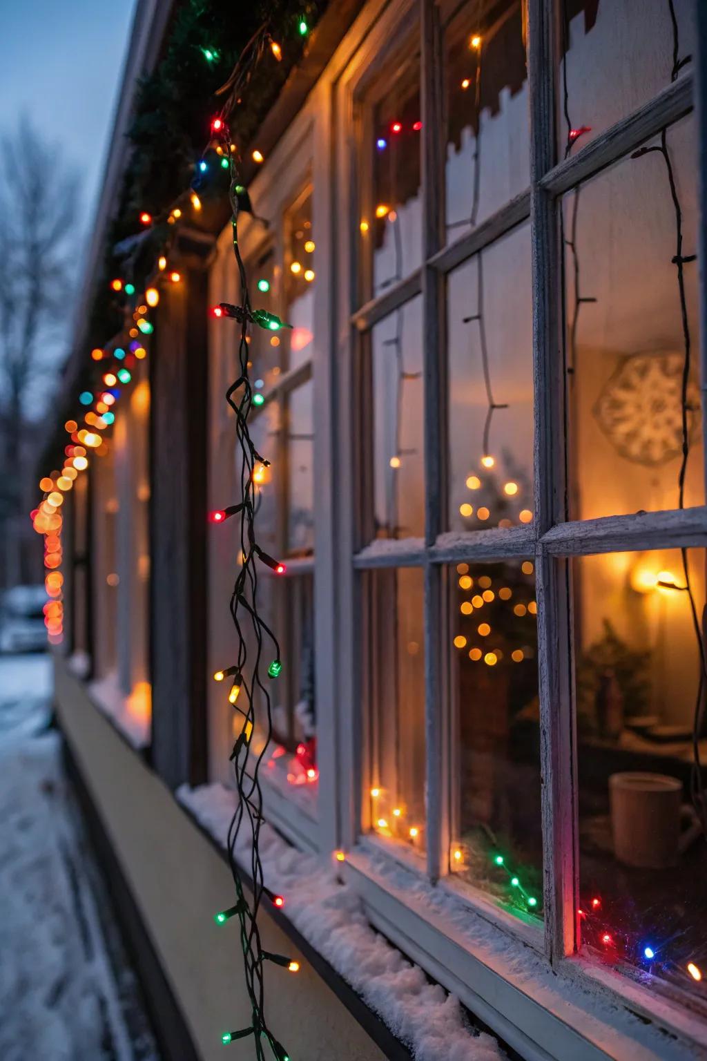 A vibrant window display with colorful festive lights.