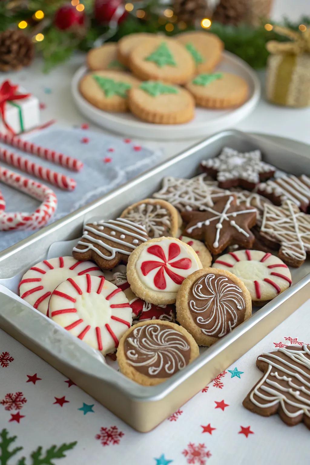 Peppermint cookies incorporate sugary flair to the arrangement.