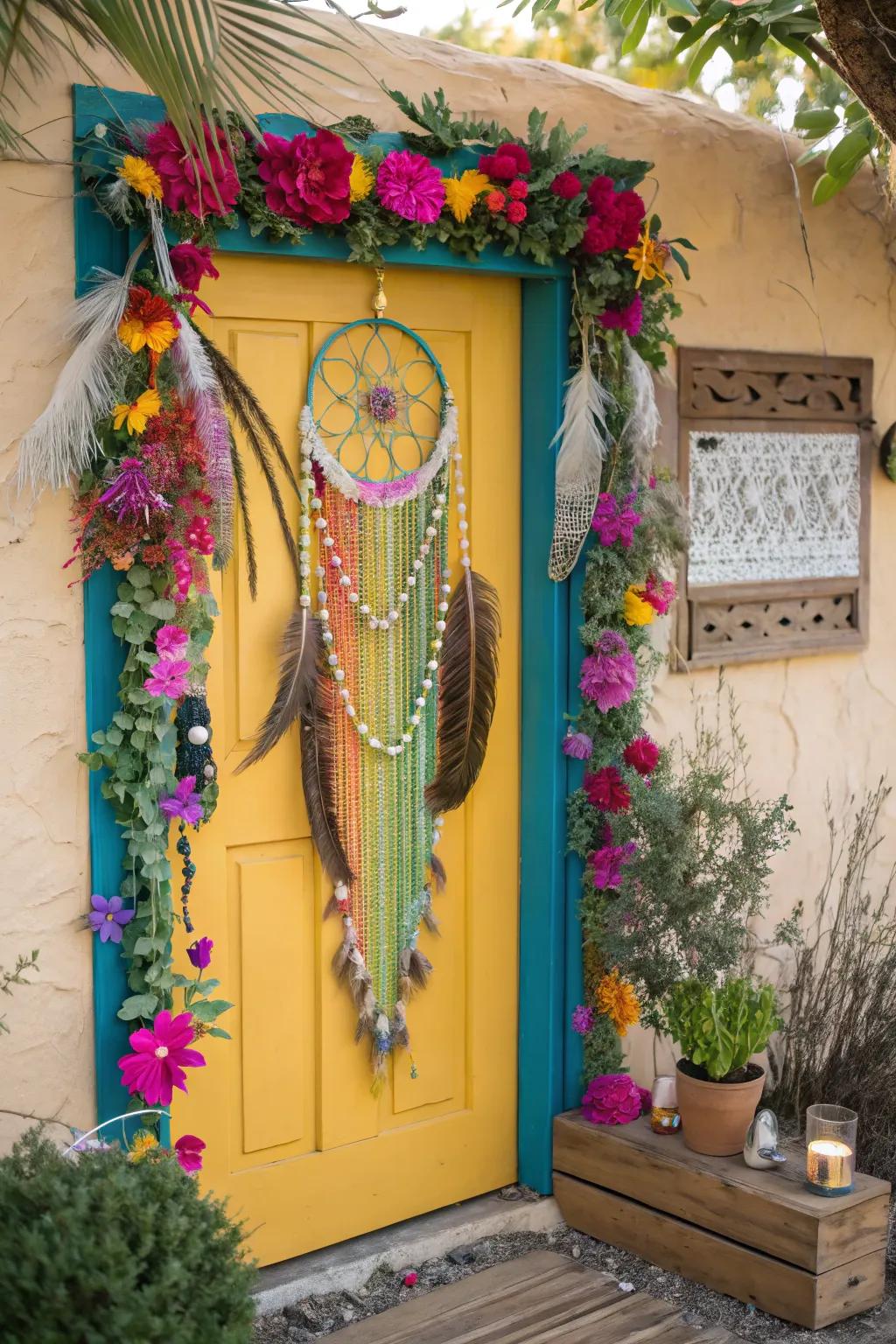 Feathers and beads add a bohemian touch.