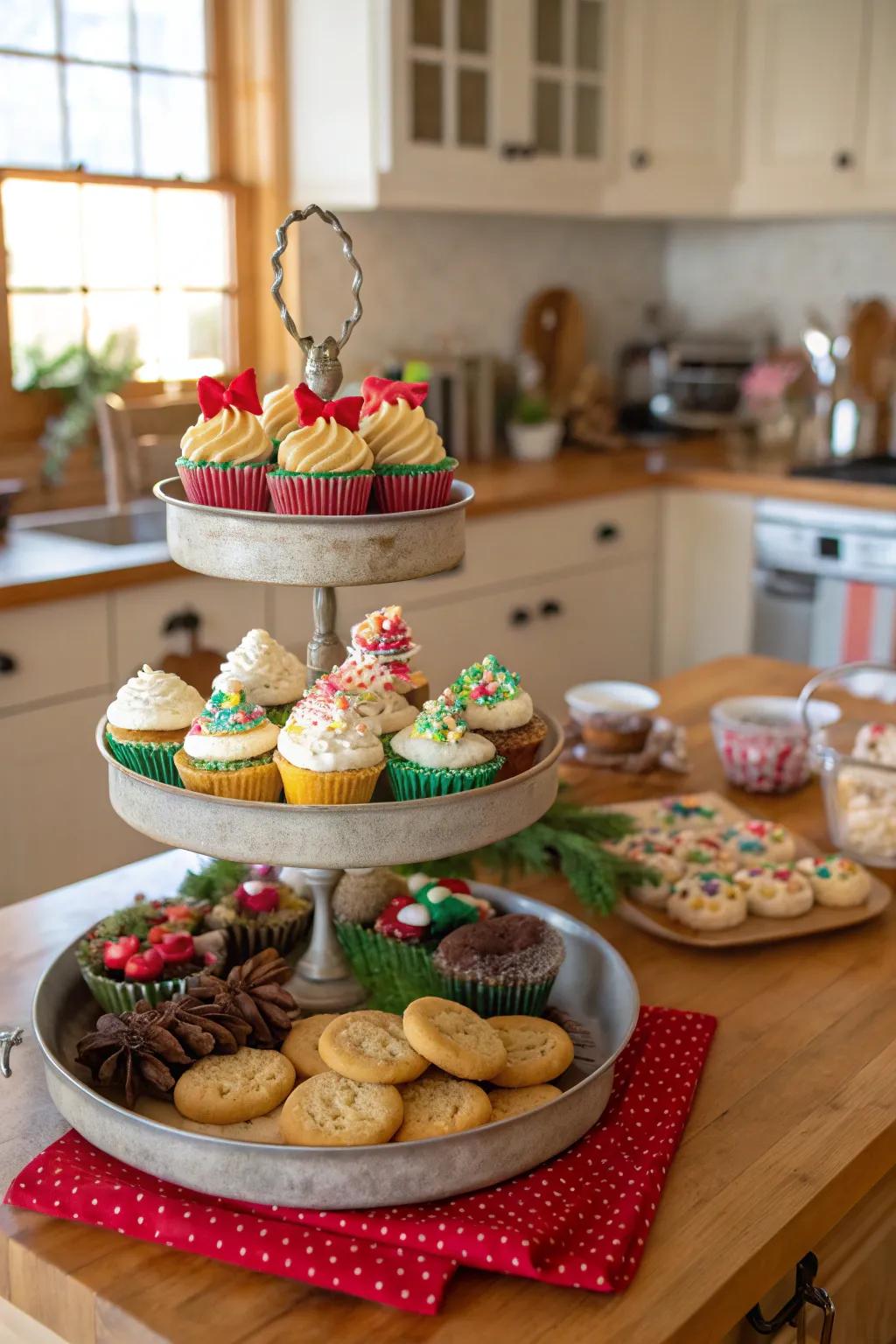 Cooking delights on display in this holiday tiered setup.