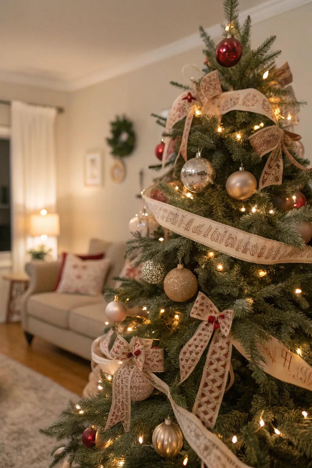 A Christmas tree showcasing classic ribbons and ornaments, exuding a nostalgic panache.