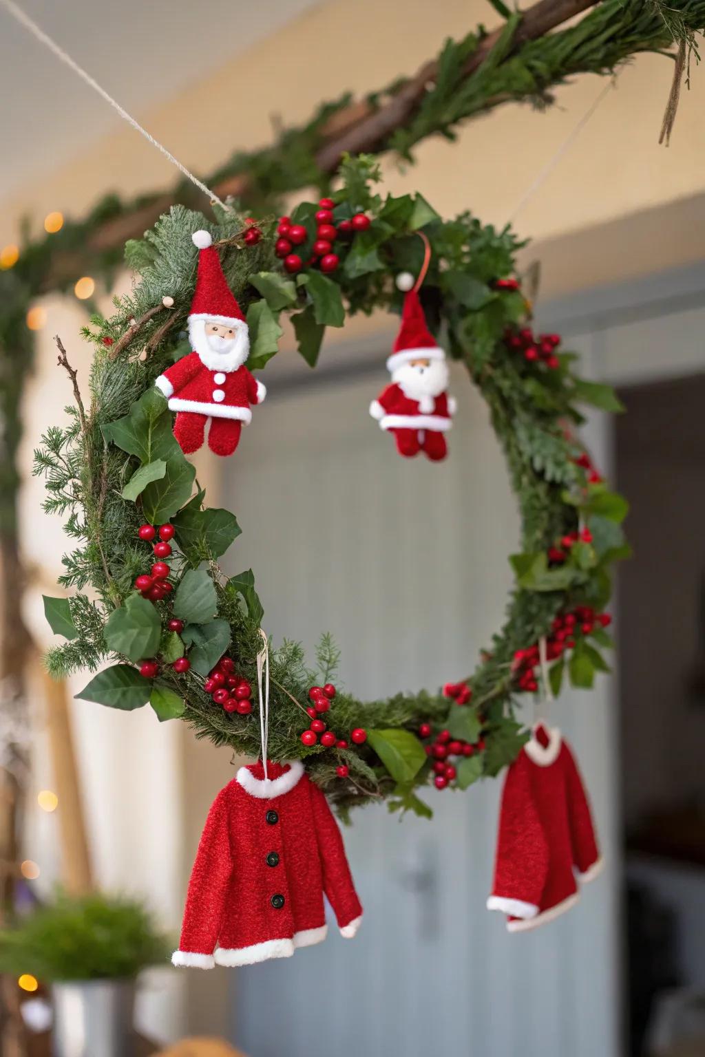 A playful Santa's laundry wreath with tiny clothes for a touch of whimsy.