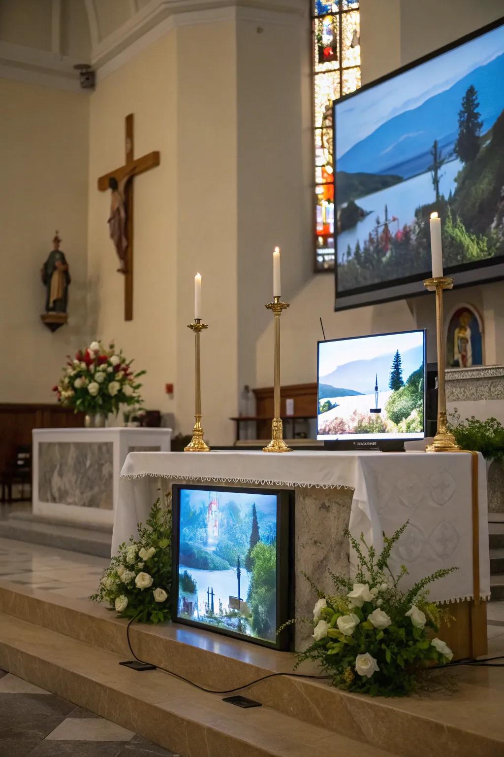 An altar enhanced by digital displays showcasing serene and inspirational visuals.