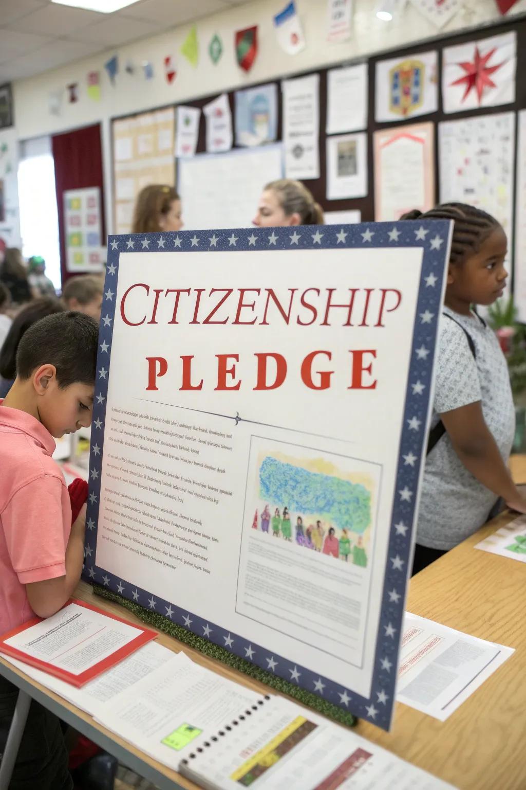 Citizenship pledge displayed prominently for everyone to sign.