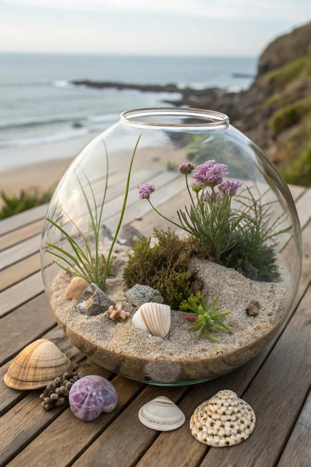 A coastal break terrarium, encapsulating the ocean's serenity.