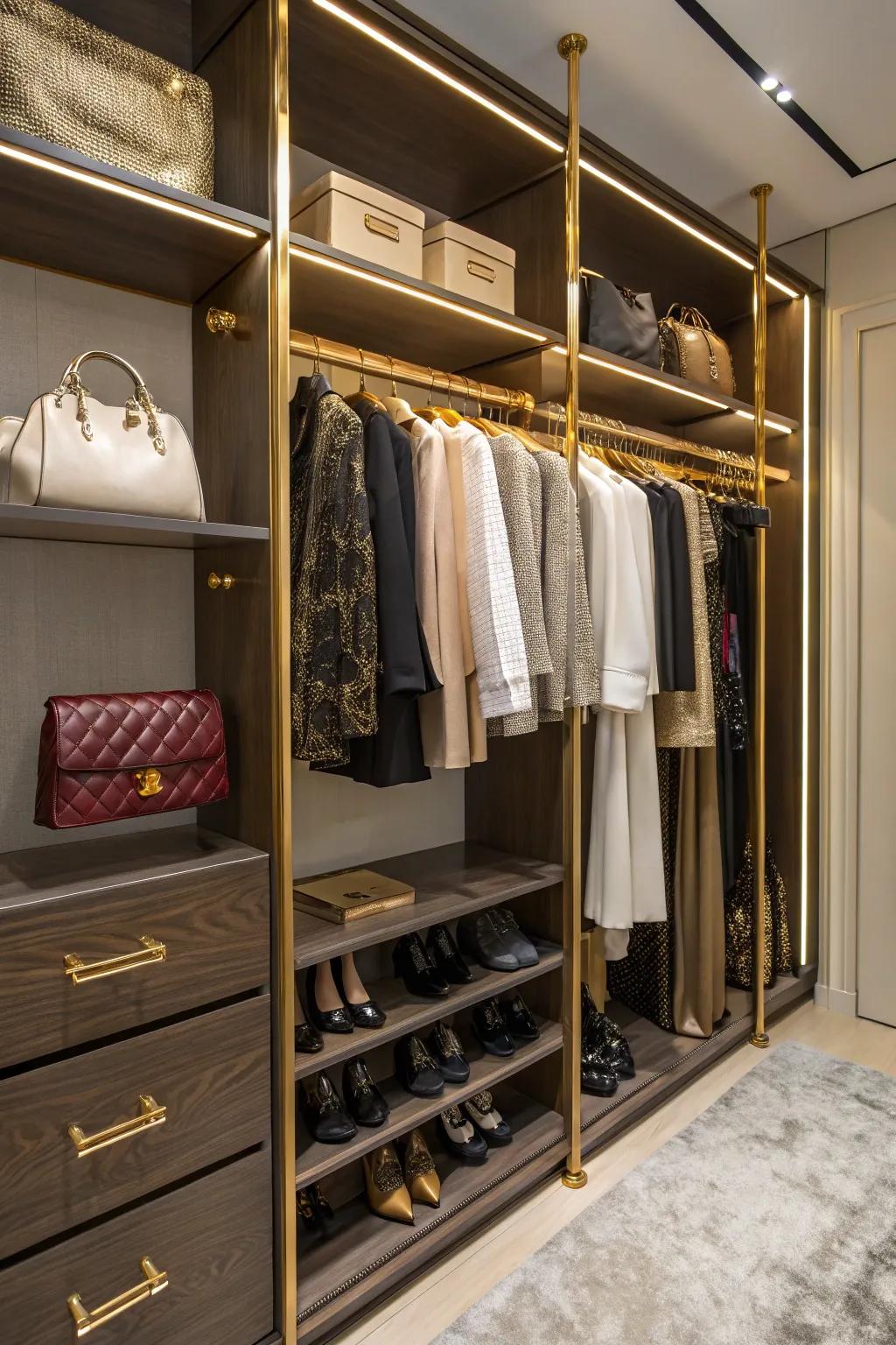 Gold-toned rods bring a touch of luxury to closet spaces.